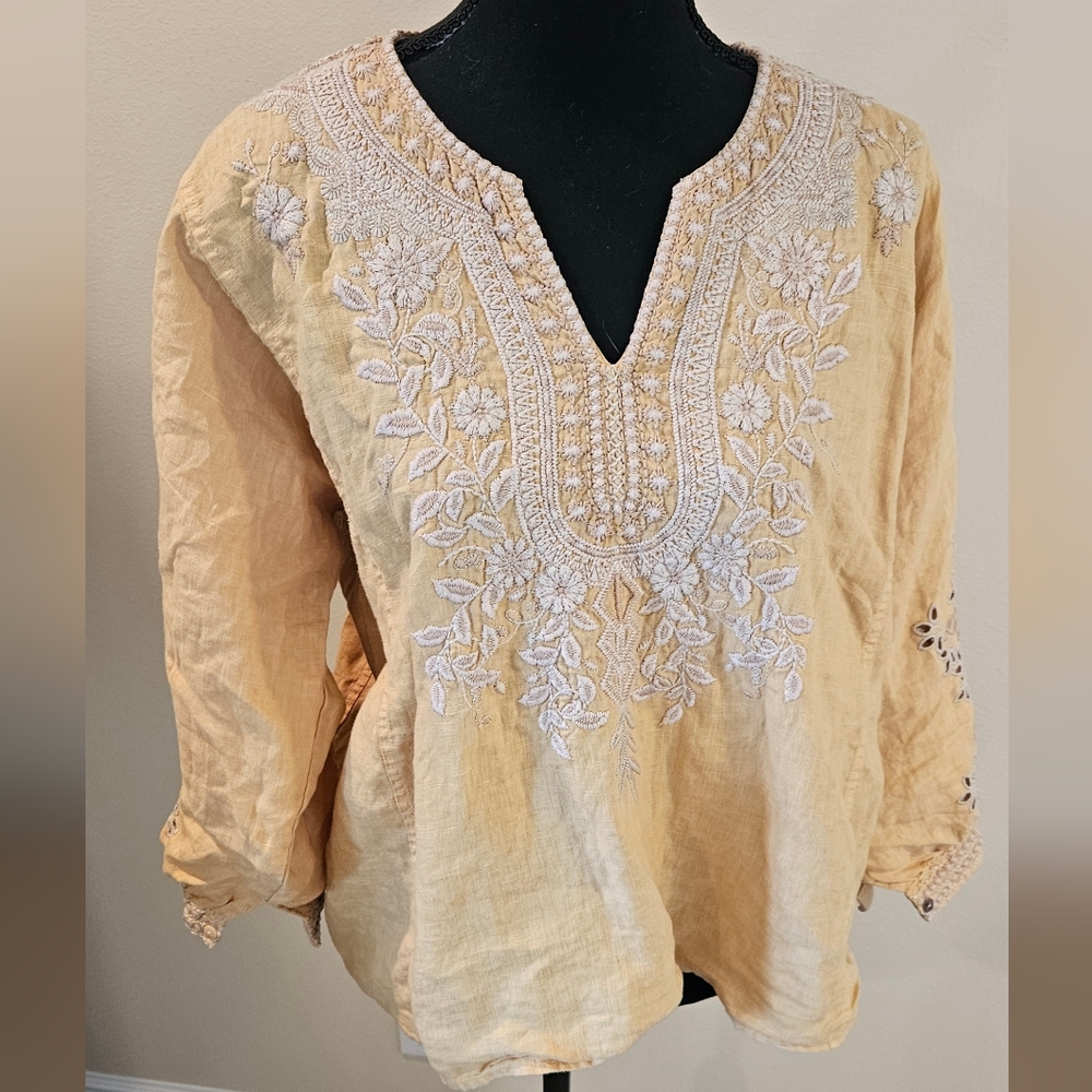 Johnny Was Soft Yellow Blouse with White Embroidery